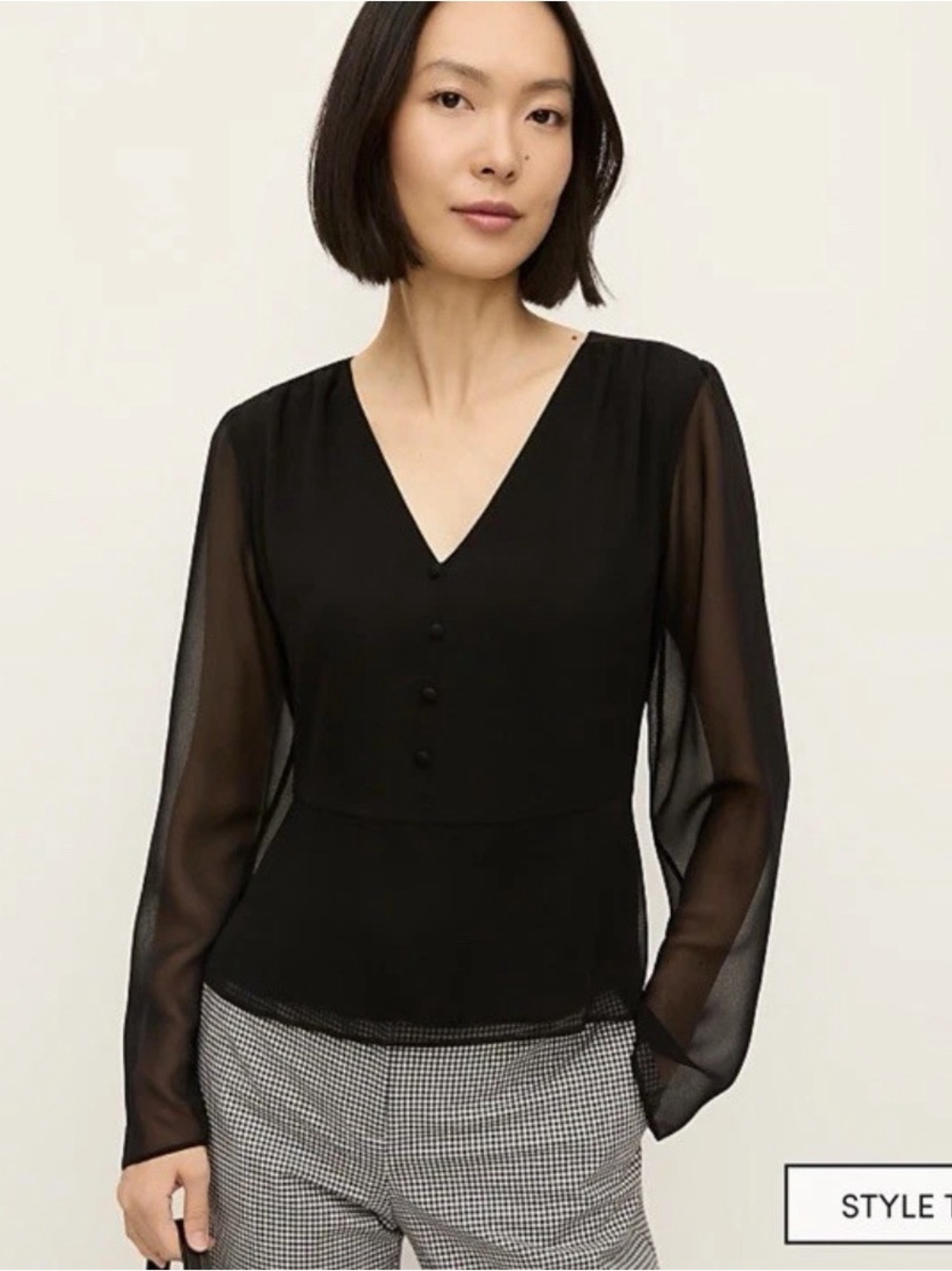 NWT Ann Taylor Black V-Neck Peplum Blouse Long Sleeves Sheer Overlay, XLP, Black